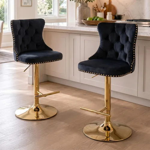 Vista 169 de SoarFlash Juego de 2 taburetes de bar tapizados de terciopelo moderno con patas de madera, botones acolchados, cabeza de clavo cromada, asiento