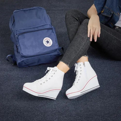 Vista 5 de Zapatos deportivos de cuña para mujer, plataforma de tacón alto, zapatos de lona con cordones y cremallera, zapatos de tenis de plataforma