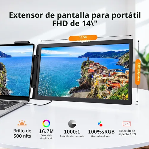 Vista 3 de MAGICRAVEN Extensor de pantalla para laptop, monitor portátil IPS de 14 pulgadas, 1080P, monitor de viaje para portátiles de 14 a 16.5 pulgadas