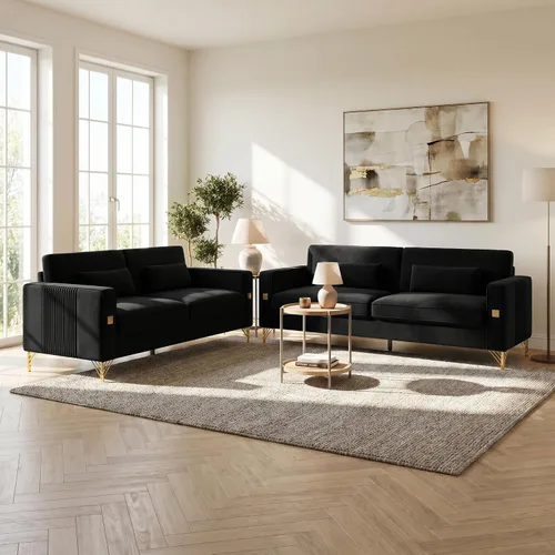 Vista 12 de Sofá de terciopelo de 85.63 pulgadas, moderno sofá biplaza con almohadas, juego de 2 para sala de estar, dormitorio, muebles de apartamento con Beige