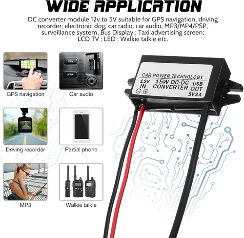 Vista 6 de Weewooday Convertidor impermeable de 12 V a 5 V DC-DC Buck Módulo Adaptador de corriente Micro USB Convertidor de corriente para automóvil Regulador
