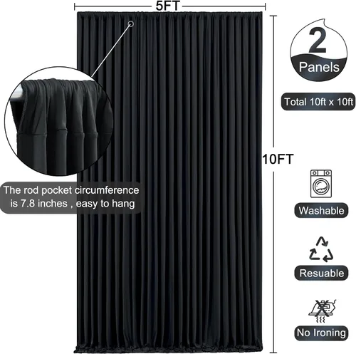 Vista 5 de Paneles de cortinas de fondo negras de 10 pies x 10 pies para fiestas, fiestas de cumpleaños, sin arrugas, cortinas de telón de fondo de tela