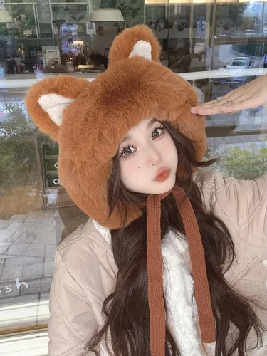 Vista 7 de Gorro de invierno de piel sintética para mujer, con orejas de gato de zorro, con orejera, pompón, sombrero de trampero de felpa cálida rusa