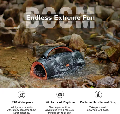 Vista 4 de DOSS Extreme Boom+ Altavoz Bluetooth para exteriores con sonido estéreo de 100 W, graves extra, 20 horas de reproducción, luces LED Party-Sync