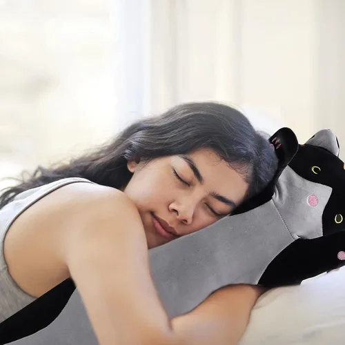 Vista 6 de shangman Bonita muñeca de gato de peluche, bonita almohada de peluche suave de caricaturas, almohada larga para dormir, regalo del día de San Negro