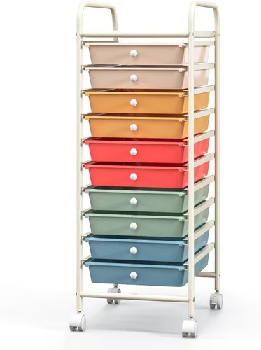 Vista 23 de Giantex - Carro de almacenamiento con ruedas, 10 cajones, organizador para papelería, oficina o escuela (Beige+Amarillo+Gris)