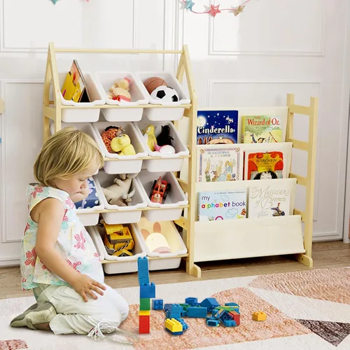 Vista 7 de Organizador de Almacenamiento de Juguetes de Madera Estantería para Niños, con 12 Contenedores Organizadores de Juguetes, Estante de Libros