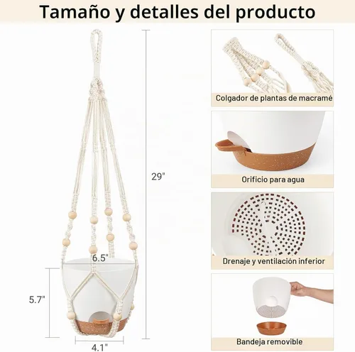 Vista 2 de Mkono Macetas colgantes de 6.5 pulgadas, colgadores de macramé con macetas de riego automático para interiores, juego de 2 cestas colgantes