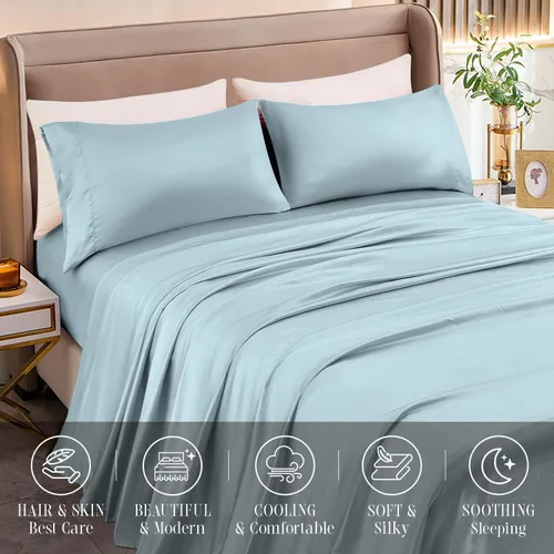 Vista 5 de Elegant Comfort Lujoso juego de sábanas de satén sedoso de 4 piezas, agradable para la piel y el cabello, resistente a las arrugas, la decoloración