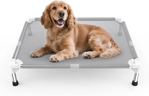 Vista 9 de Cama elevada para perros con tela refrescante Teslin - Catre ligero para perros pequeños, malla transpirable impermeable y lavable, cama elevada
