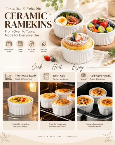 Vista 3 de Ramekins - Juego de 4 moldes de cerámica para horno, 16 onzas, color crema Blanco
