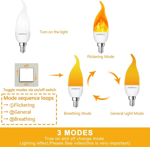 Vista 2 de aobthurn Bombillas de llama, 4 modos de luz LED con efecto de llama, base E26, bombilla parpadeante, bombillas de fuego para fiesta en casa