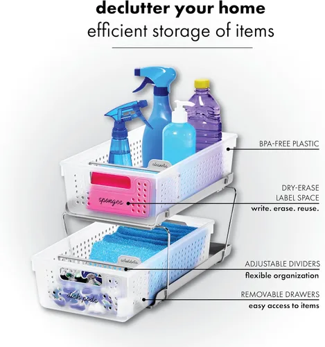 Vista 2 de madesmart Organizador de baño de 2 niveles, almacenamiento debajo del fregadero con cajones deslizantes, para suministros de limpieza, despensa
