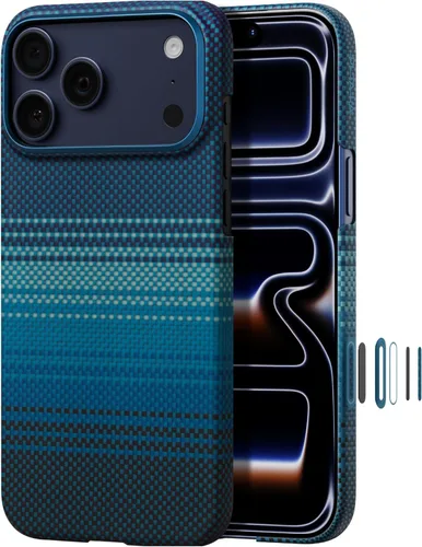 Vista 30 de pitaka Funda para iPhone Pro de 6.3" con sensación sin funda, azul abismo Abyss Blue (Argyle)