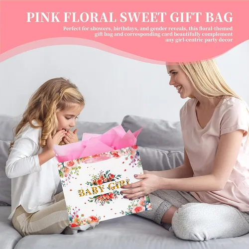 Vista 5 de Bolsa de regalo floral rosa grande de 13 pulgadas para bebé, incluye papel de regalo, papel de seda rosa y tarjeta para regalos de recién nacidos