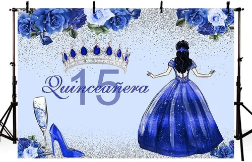 Vista 3 de Sendy Telón de fondo de quinceañera de 15 cumpleaños para niñas, vestido azul, corona de princesa, fondo de fotografía, flores azules y zapatos