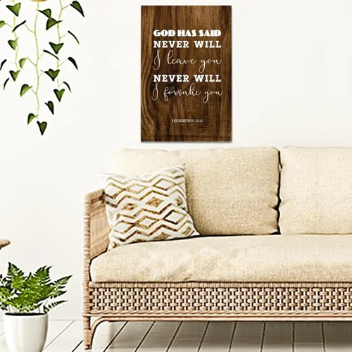 Vista 3 de Letrero de madera rústico con texto en inglés "God Has Said Never Will I Leave You Never Will I Forsake You Hebrews con texto en inglés Saying