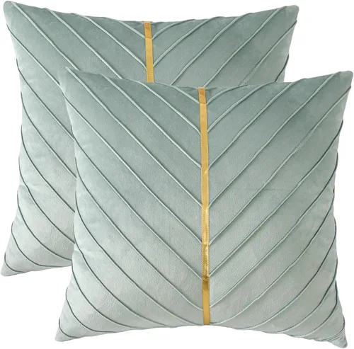 Vista 34 de Fundas de Almohada Decorativas de Terciopelo Verde Aguamarina de 16 x 16 pulgadas, Paquete de 2 con Cuero Dorado Decorativo de Navidad, Fundas