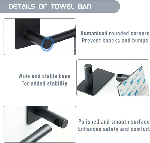 Vista 6 de Alise Toalleros para baño, barra para toallas adhesiva de acero inoxidable SUS 304 de 12 pulgadas sin taladro, toallero negro mate de fuerte