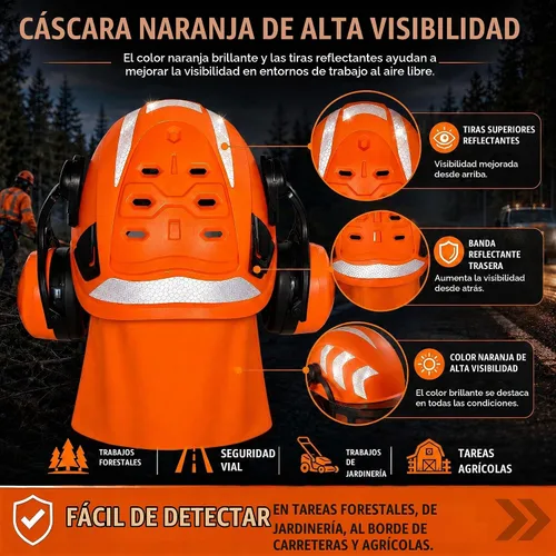 Vista 5 de Safeyear Casco de motosierra con protector facial y orejeras, casco forestal certificado ANSI con correa para la barbilla, visera de malla