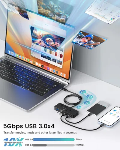 Vista 4 de Aceele Hub USB C, USB C a 4 puertos USB 3.0 Hub con puerto de alimentación tipo C e interruptores individuales de encendido/apagado, divisor USB C