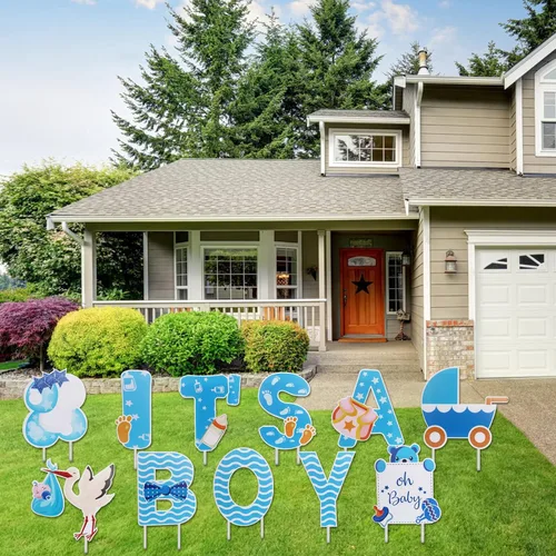 Vista 2 de 11 letreros grandes con estacas con diseño de texto en inglés "It's A Boy", color azul, decoración de revelación de género para baby shower, letrero