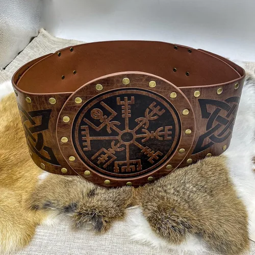 Vista 5 de HiiFeuer Viking Cinturón ancho en relieve cinturón nórdico de piel sintética con corsé de caballero disfraz LARP de Halloween