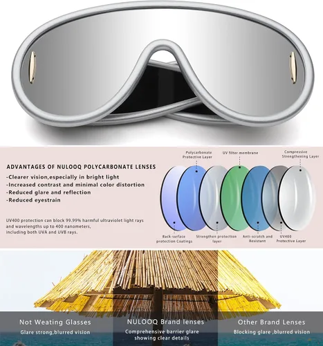 Vista 5 de NULOOQ Gafas de sol de moda con máscara ondulada para mujeres y hombres, de gran tamaño, color plateado, con escudo futurista, estilo de diseñador