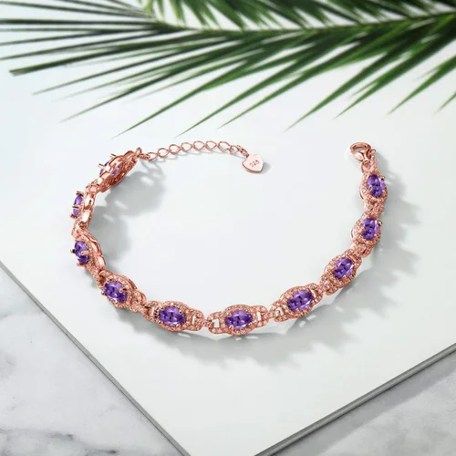 Vista 21 de Gem Stone King 18K Rose Gold Plated Silver Oval Gemstone Birthstone Tennis Bracelet For Women Oval 6X4MM 7 Inch With 1 Inch Extender Fine