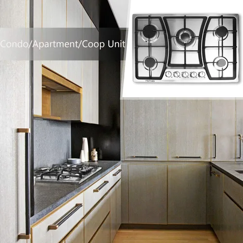 Vista 4 de Placa de cocina de gas de 30 pulgadas, 5 quemadores, estufa de gas, estufa de acero inoxidable, 5 quemadores sellados, rejillas de hierro fundido
