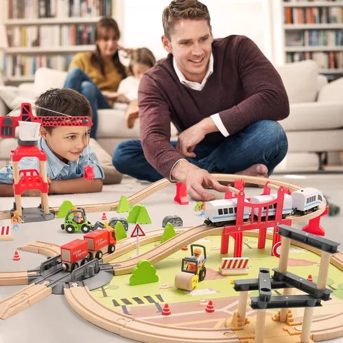 Vista 7 de Juego de Tren de Madera de 104 Piezas para Niños Pequeños, Trenes Magnéticos con Vía para Niños de 3 a 6 Años, Compatible con las Principales