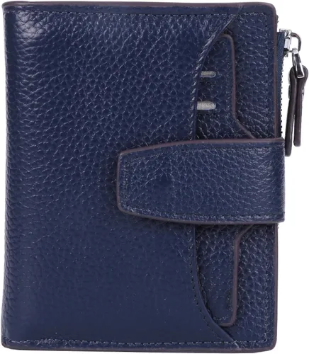 Vista 15 de Cartera de cuero con bloqueo RFID para mujer, pequeña, compacta, doble cremallera, con ventana para identificación