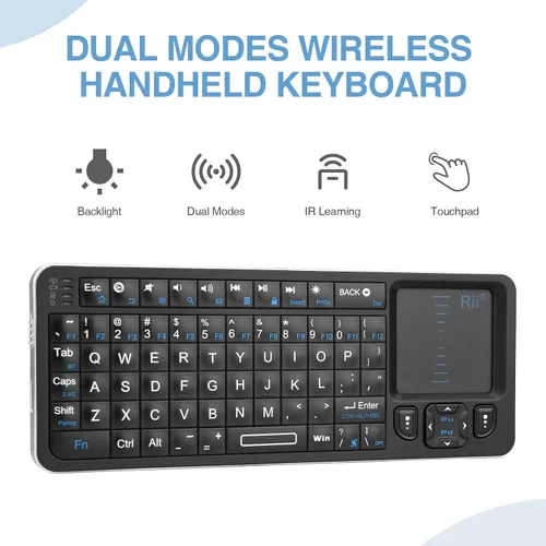 Vista 3 de Rii K06 Mini teclado Bluetooth, teclado inalámbrico retroiluminado de 2.4GHz con aprendizaje IR, portátil con panel táctil, compatible con Amazon