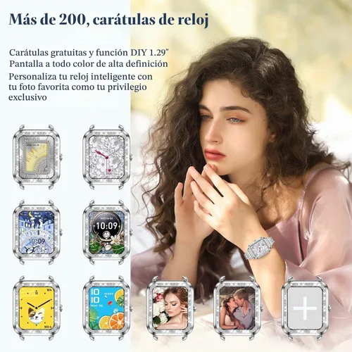 Vista 4 de Reloj inteligente para mujer con diamantes (respuesta/hacer llamadas), reloj inteligente con pantalla táctil HD de 1.29 pulgadas, Android Oro rosado