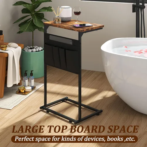 Vista 6 de Mesa auxiliar en forma de C, mesa auxiliar pequeña con bolsa de almacenamiento para sofá, mesa de sofá con marco de metal para sala de estar
