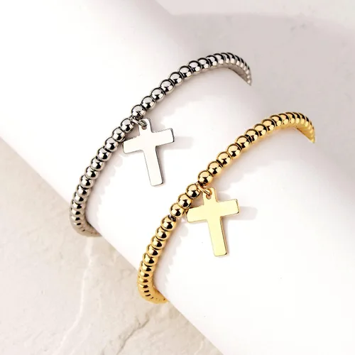 Vista 4 de Pulsera de cuentas de oro de 14 quilates chapada en oro con cruz y cadena de cola ajustable de 2.2in.