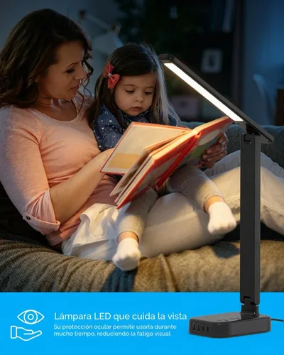 Vista 5 de One Beat Pequeña lámpara LED de escritorio, cable de extensión de 5 pies con 3 tomas, 4 puertos USB (2 USB C), 4 modos, lámpara táctil de 5 niveles