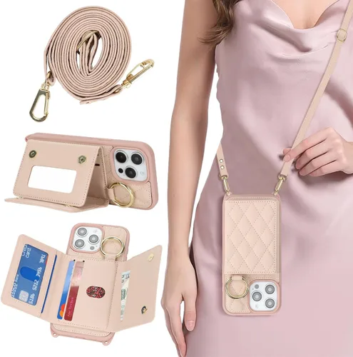 Vista 14 de Funda para iPhone 14 con tarjetero y correa para mujer, cordón cruzado, espejo de maquillaje, soporte de anillo, cierre a presión, bonitas fundas