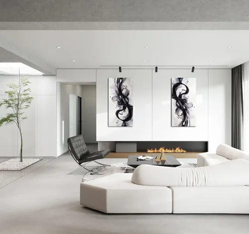 Vista 3 de HONGRUIFAN Lienzo abstracto blanco y negro para pared, diseño de líneas geométricas, imagen grande de 20 x 40 pulgadas, ilustraciones contemporáneas