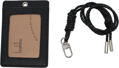 Vista 3 de Boshiho. Funda vertical, de piel, para tarjeta de identificación con cordón resistente., Negro