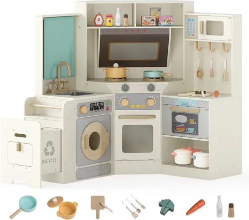 Vista 13 de Costzon Cocina de Juego de Esquina, Pequeño Chef Cocina de Juego de Simulación con Luz y Sonido Reales, Carrito Extraíble, Contenedores de Tela
