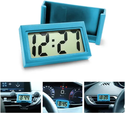 Vista 9 de Osilly Mini reloj digital para tablero de instrumentos del automóvil, funciona con pilas y pantalla LCD transparente, reloj digital pequeño con Negro