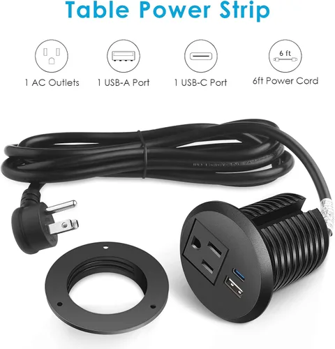 Vista 7 de Ojal de alimentación de escritorio, 2 pulgadas, estación de carga rápida USB C PD de 20 W, salida de alimentación empotrada con orificio