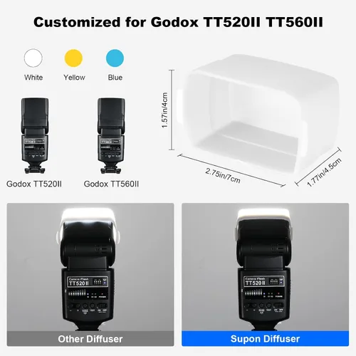 Vista 4 de Difusor de flash para Godox TT520 TT520ii TT560 TT560ii Flash Speedlite (paquete de 3 unidades, blanco, azul y amarillo)