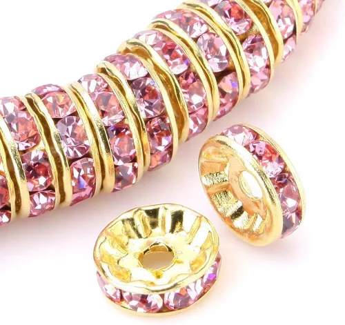 Vista 14 de RUBYCA 100 unidades de cuentas espaciadoras redondas estilo Rondelle en tono dorado de 10 mm, cristal checo AB blanco