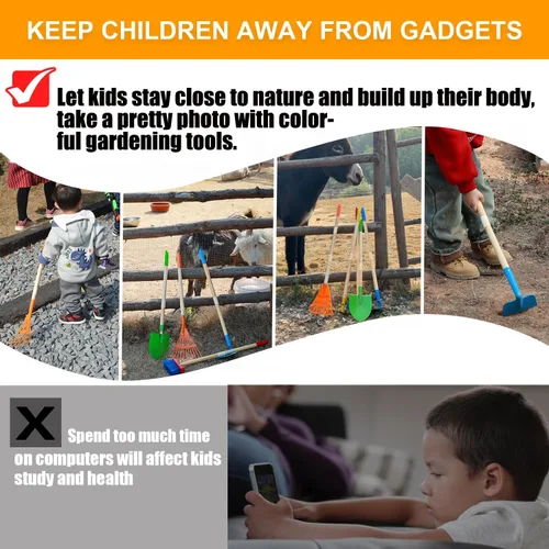 Vista 4 de Pala para niños, rastrillo para hojas, pala, azada y escoba, 5 piezas de herramientas de jardín para niños, jardín al aire libre, juguete de regalo
