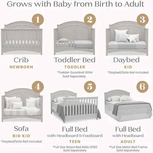 Vista 4 de Delta Children Perry, cuna convertible 6 en 1 - Certificada Greenguard Gold, color gris Moonstruck Gris (Moonstruck Grey)