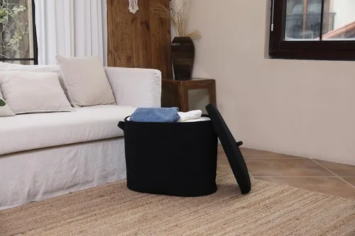 Vista 4 de Cesta rectangular extragrande de cuerda de 22 x 14 x 18 pulgadas con tapa, cesta decorativa de almacenamiento de mantas, baúl de algodón con funda