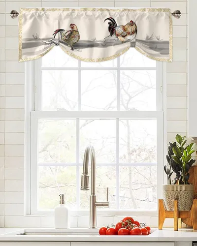 Vista 4 de Cenefas de amarre de gallo de granja para ventanas, cocina, baño/dormitorio, pintura de pollo de granja rústica, cenefa ajustable para ventana