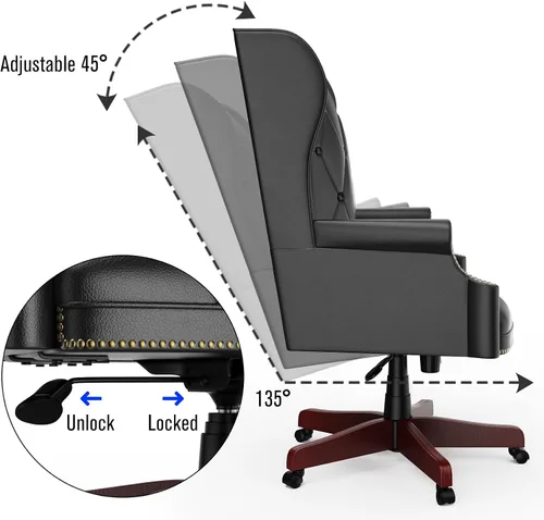 Vista 6 de Silla de oficina ejecutiva de cuero negro con respaldo alto, 330 libras, diseño ergonómico grueso, asiento y respaldo acolchado grueso silla